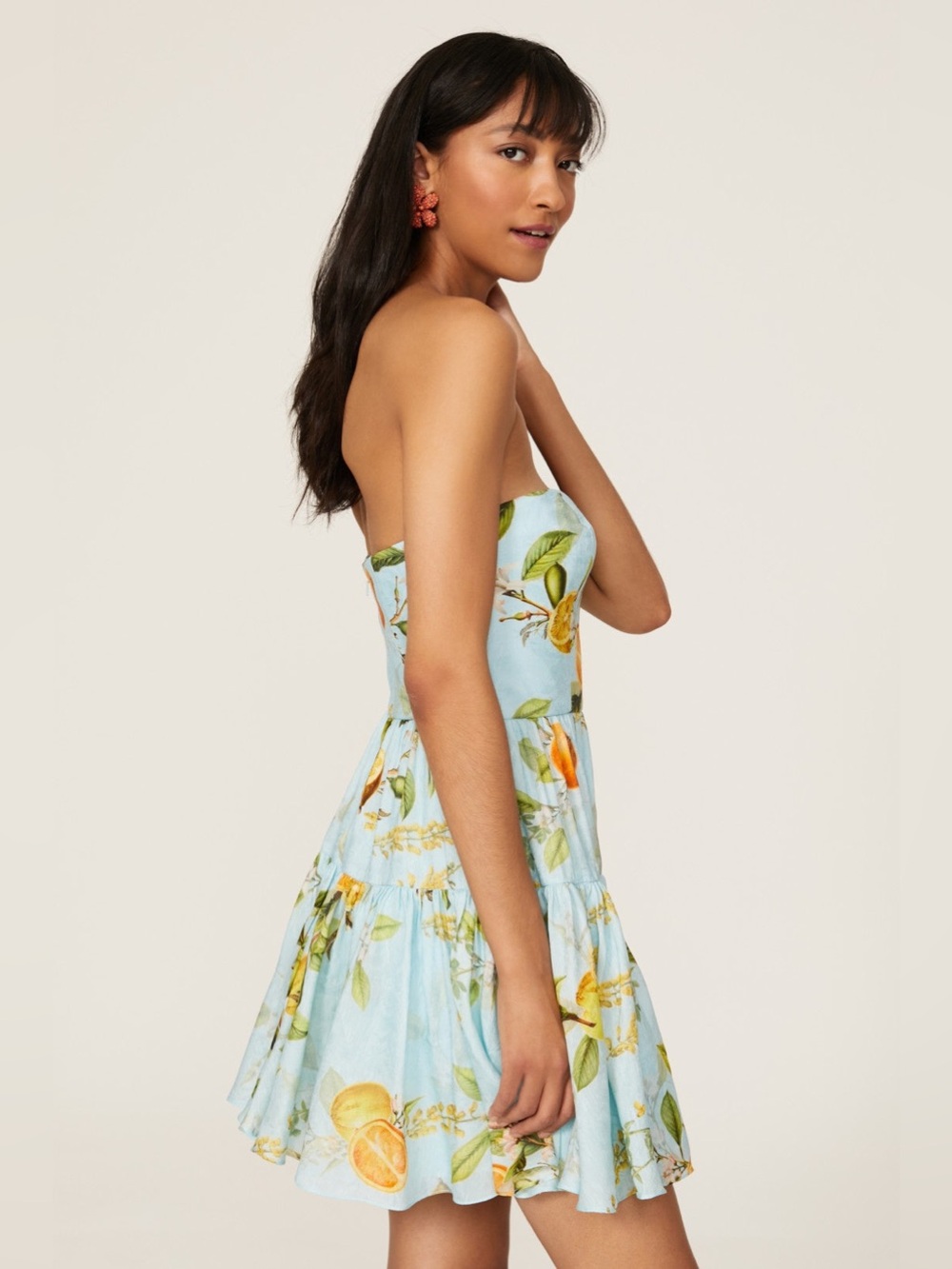 Monique Lhuillier Light Blue Strapless Lemon-Print Mini Dress - Picture 2 of 9